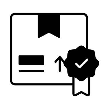 Kalite kontrol, paket kalitesi, paket garantisi konsept simgesi gösteren paket kutulu kalite kartı