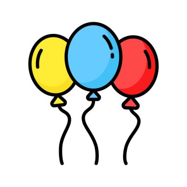 Helyum balonları vektör tasarımı, doğum günü ve parti için bir sürü balon, ipli uçan balonlar, parti dekorasyonları.