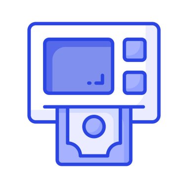 The ATM icon represents a machine that dispenses cash and allows customers to perform banking transactions. Modern icon of atm machine
