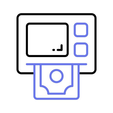 The ATM icon represents a machine that dispenses cash and allows customers to perform banking transactions. Modern icon of atm machine
