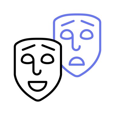 Yüz maskeleri, tiyatro maskeleri temalı parti simgesi, modern tarzda, kullanımı kolay