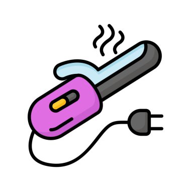 Profesyonel saç stili, kıvrımlı demir vektör tasarımı, saç bigudisi ikonu.