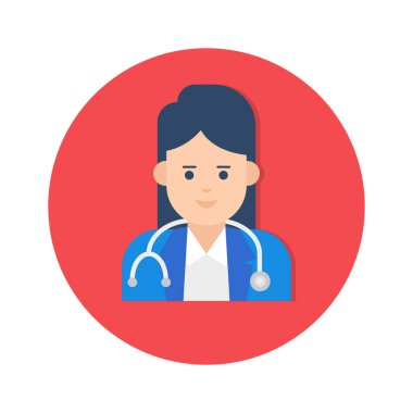 Kadın avatarı steteskop ile kadın doktorun düz ikonunu gösteriyor.