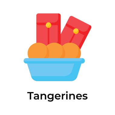 Çin Yeni Yıl Hediyesi 'nin konsept ikonunu gösteren hediye zarfıyla sepetin içinde mandalina.