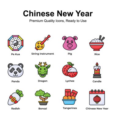 Birinci kalite Çin Yeni Yıl simgeleri seti, vektörleri kullanmaya hazır