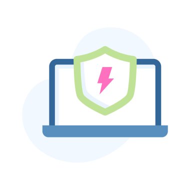 Güvenlik kalkanının içindeki ışık şimşeği siber güvenliğin düz konsept simgesini gösteriyor.