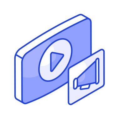 Video oynatıcı megafonla video pazarlamanın izometrik simgesini gösteriyor