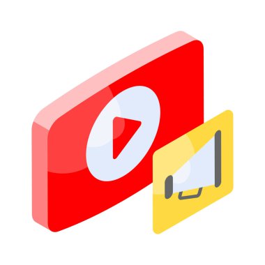 Video oynatıcı megafonla video pazarlamanın izometrik simgesini gösteriyor