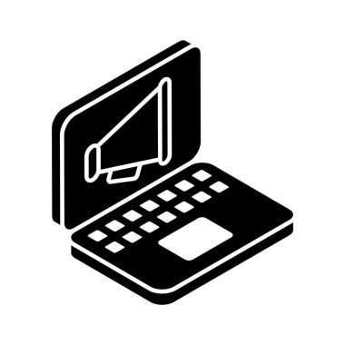 Bilgisayarın içindeki megafon dijital pazarlamanın konsept izometrik simgesini gösteriyor