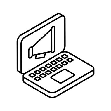 Bilgisayarın içindeki megafon dijital pazarlamanın konsept izometrik simgesini gösteriyor