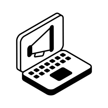 Bilgisayarın içindeki megafon dijital pazarlamanın konsept izometrik simgesini gösteriyor