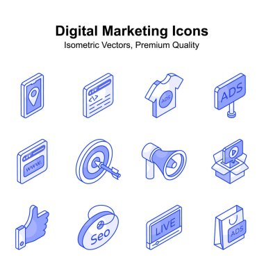 Dijital pazarlama izometrik simgeleri beyaz arkaplanda izole edildi