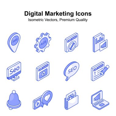 Dijital pazarlama izometrik vektörleri ve premium vektörleri kullanmaya hazır