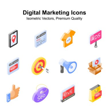 Dijital pazarlama izometrik simgeleri beyaz arkaplanda izole edildi