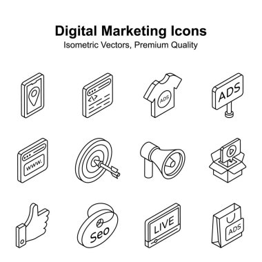 Dijital pazarlama izometrik simgeleri beyaz arkaplanda izole edildi