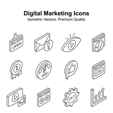 Şu güzel ve şaşırtıcı dijital pazarlama izometrik ikonlarına bakın, düzenlenebilir vektörler.