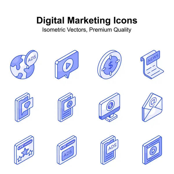 Web sitelerinde ve mobil uygulamalarda kullanılmaya hazır, yaratıcı olarak hazırlanmış dijital pazarlama izometrik vektörleri ayarlandı