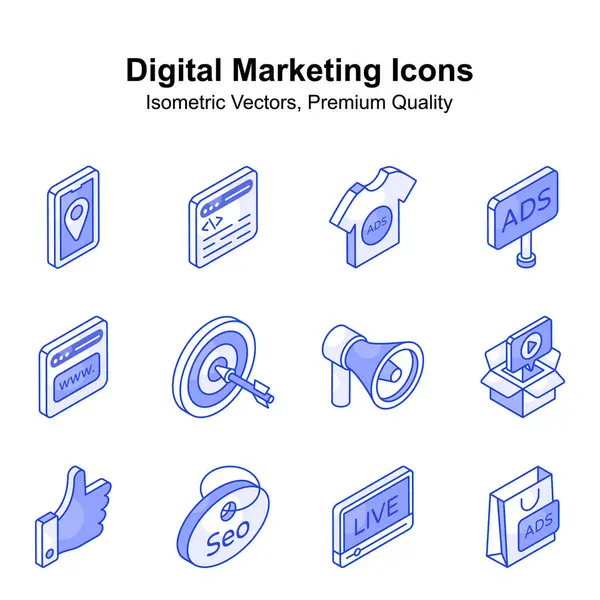 Dijital pazarlama izometrik simgeleri beyaz arkaplanda izole edildi
