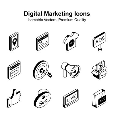 Dijital pazarlama izometrik simgeleri beyaz arkaplanda izole edildi