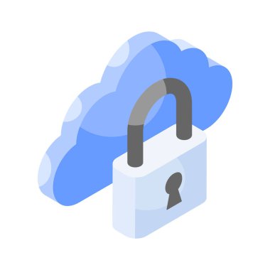 Bulut korumanın izometrik vektörüyle asma kilit, bulut güvenlik simgesi