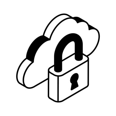Bulut korumanın izometrik vektörüyle asma kilit, bulut güvenlik simgesi
