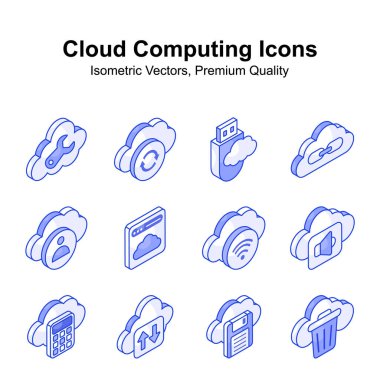 Bulut hesaplama izometrik vektörleri beyaz arkaplanda izole edildi