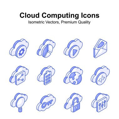 Bu yaratıcı bulut hesaplama izometrik vektörleri, premium kullanımı için hazır olsun