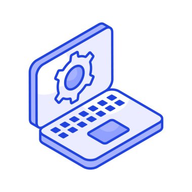 Dizüstü bilgisayarın içindeki çark dizüstü bilgisayar ayarlarının konsept simgesini gösteriyor