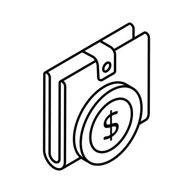 Para cüzdanının Isometric vektörü, cüzdan simgesi düzenlenebilir biçiminde para birimine sahip