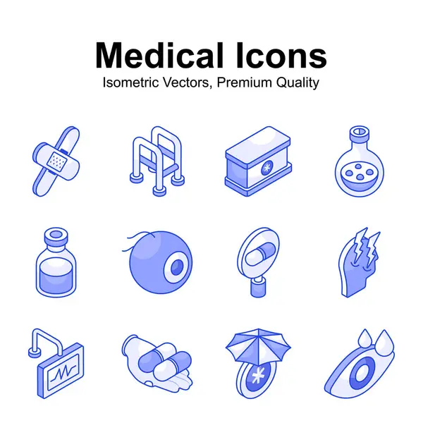 Iconos Isométricos Médicos Sanitarios Bien Diseñados Ambientados Estilo Moderno — Archivo Imágenes Vectoriales