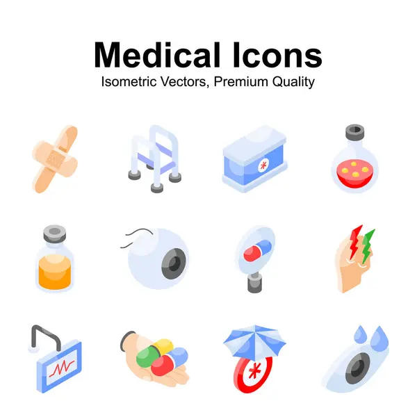 Gut Gestaltete Isometrische Symbole Für Medizin Und Gesundheitswesen Trendigen Stil — Stockvektor