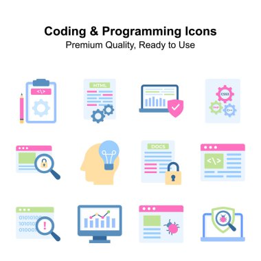 Coding and programming premium quality icons set, ready to use vectors clipart