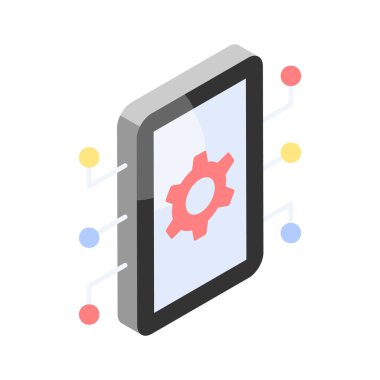 Mobil ağ düğümlerine sahip Cogwheel, ai mobil 'in izometrik simgesi