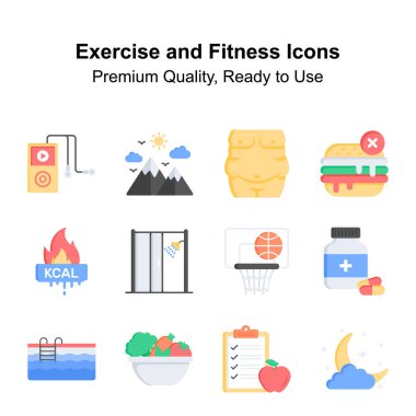 Web sitelerinde ve mobil uygulamalarda kullanılmaya hazır, egzersiz ve fitness için kaliteli düz biçim simgeleri