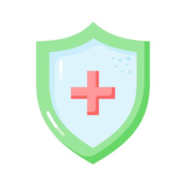 Koruyucu kalkanın içinde sağlık sigortası ve tıbbi koruma vektörü konseptini gösteren tıbbi işaretler var.