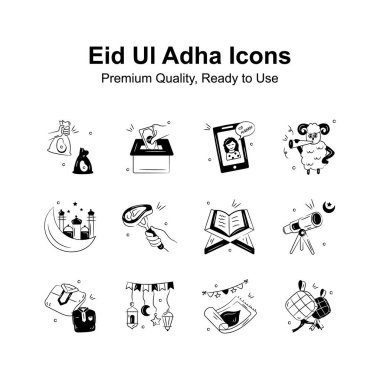 Get your hold on this amazing eid ul adha icons set in modern doodle style clipart
