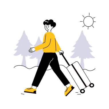 Bavullu bir adam modern tarzda seyahat resimlerini gösteriyor.