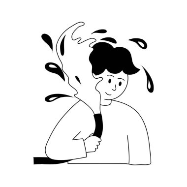 Su borusuyla kendine su döken bir adam, sıcak yaz günü karakteri çizimi