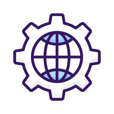 Küresel ayarların konsept simgesini belirten çarkın içindeki dünya küresi