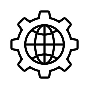Küresel ayarların konsept simgesini belirten çarkın içindeki dünya küresi