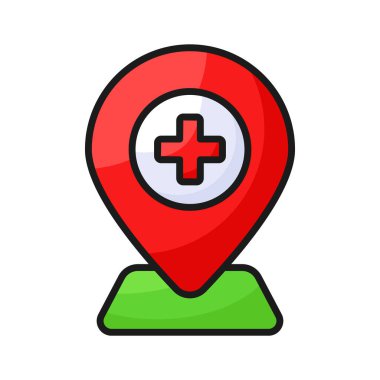 Hastanenin konumunun konsept simgesini gösteren harita içerisindeki tıbbi işaret.