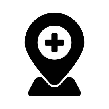 Hastanenin konumunun konsept simgesini gösteren harita içerisindeki tıbbi işaret.