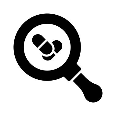 İlaç araştırmalarının konsept simgesini gösteren büyüteç altındaki kapsül, tıbbi araştırma vektörü