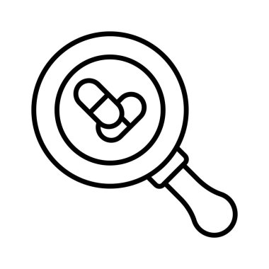 İlaç araştırmalarının konsept simgesini gösteren büyüteç altındaki kapsül, tıbbi araştırma vektörü