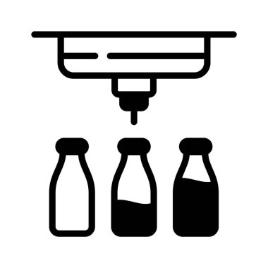 Makinelerle dolu süt şişeleri, toplu süt üretiminin konsept simgesi