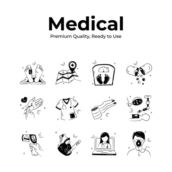 stock vector Medical icons set, healthcare tools, patient care, treatment, and remote consultation services.