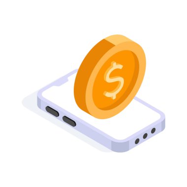 Mobil ödeme, mobil bankacılık, dijital bankacılık izometrik vektörünün mobil bankacılık konsepti simgesi üzerine dolar parası