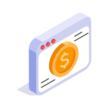 Çevrimiçi finansı temsil eden bir dolar madeni para sembollü web sayfasının Isometric illüstrasyonu.