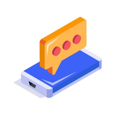 Mesajlaşma uygulamaları için sohbet baloncuğu olan bir akıllı telefonun izometrik çizimi.