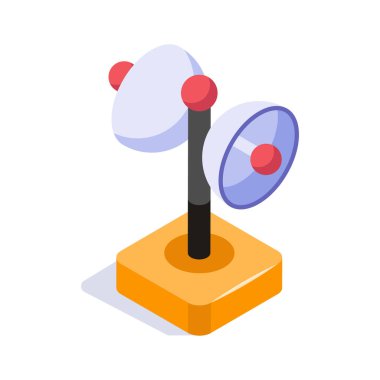 Küresel iletişim, sinyal iletimi ve yayın teknolojisini temsil eden uydu antenlerinin Isometric simgesi